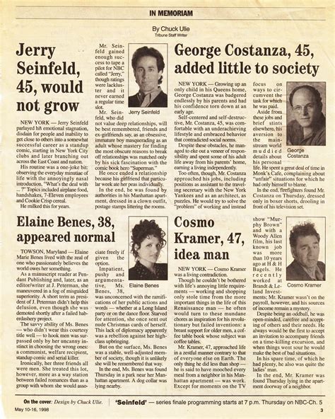 Seinfeld cast obituary from Chicago Tribune tv guide, May 10-16, 1998