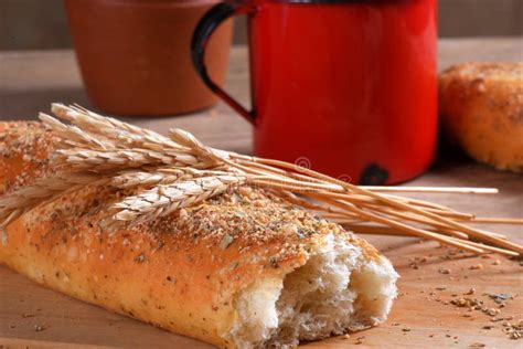 baked wheat bread  herb seasoning seasoned baguette stock photo