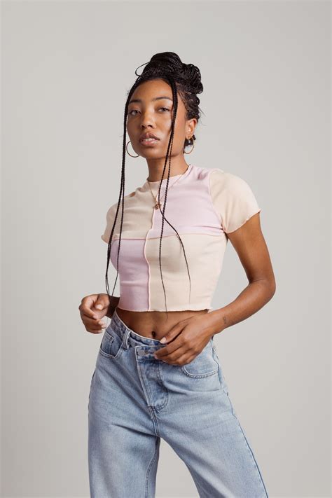 Quinn Peach-Orchid Colorblocked Exposed Stitch Crop Top - $20 | Tobi US