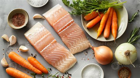 AI generated A selection of raw ingredients for making gefilte fish ...