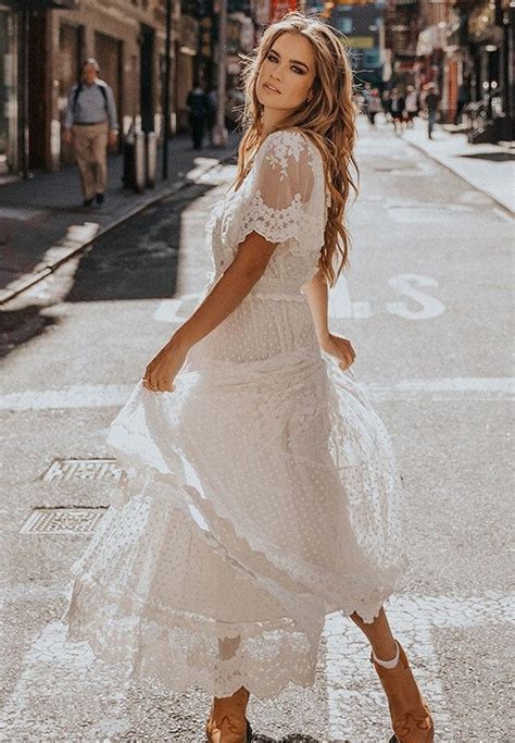 Vestido Branco De Renda - Vestido de Renda Longo/Midi Branco Boho Chic Manga Curta