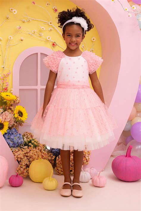 Pink Girls Gingham Tulle Dress 3-7 AGE - Pamina Kids Wholesale