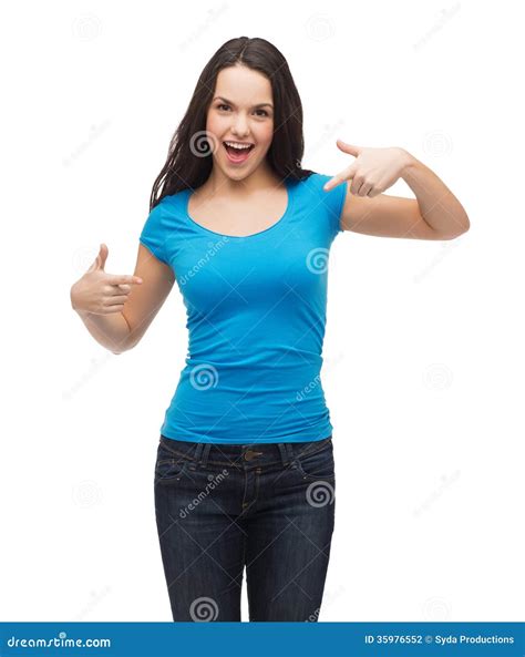 Smiling Girl in Blank Blue T-shirt Stock Photo - Image of copyspace