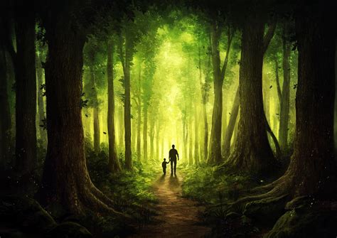 digital, digital art, artwork, nature, landscape, forest, trees, people