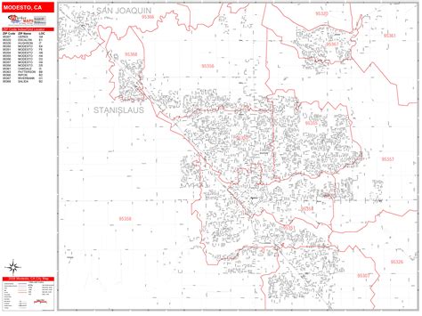 Modesto California Zip Code Wall Map (Red Line Style) by MarketMAPS - MapSales