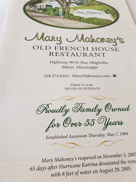 Menu at Mary Mahoney's Old French House steakhouse, Biloxi