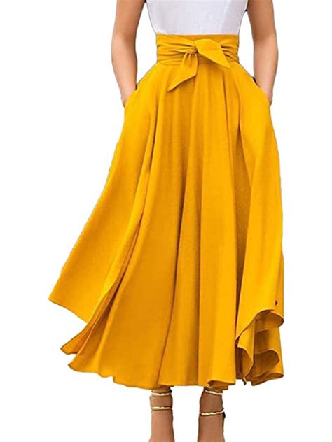 Lookwoild Women High Waist Flared Pleated Long Dress Maxi Skirt Flare ...