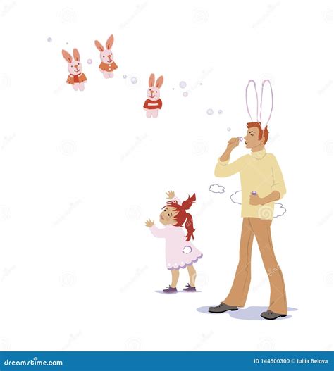 Dad with a Bunny Suit Blows Bubbles for a Daughter. Isolated on White