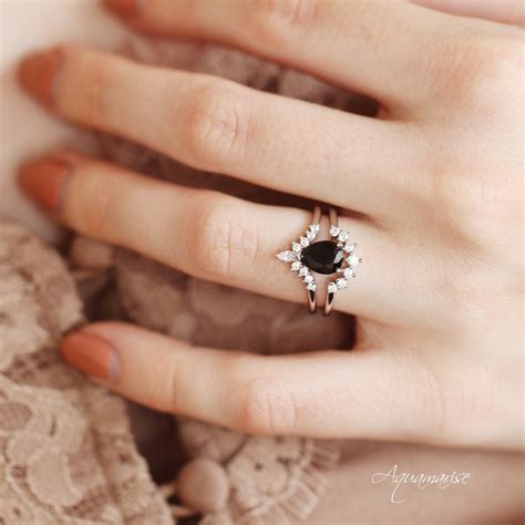 Black Diamond Ring Set Sterling Silver Ring Set Black Spinel Engagement ...