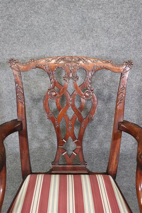 Set of 10 Carved Mahogany Chippendale Dining Chairs Dragon Face Arm