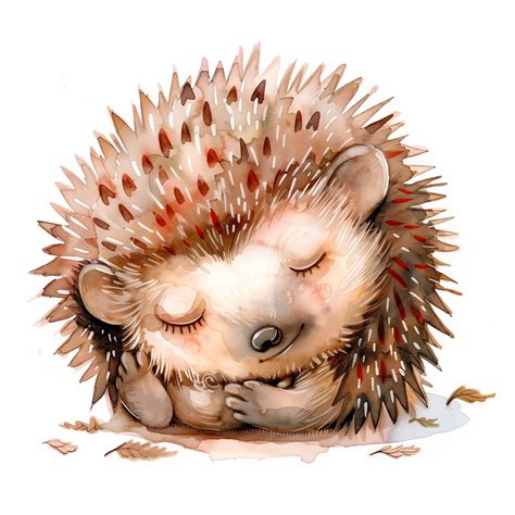 Watercolor illustration clipart of a tiny hedgehog curled up into a