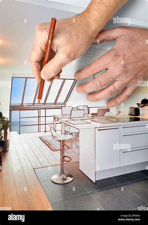 Drawing renovation of a Modern open kitchen in renovated house Stock Photo - Alamy