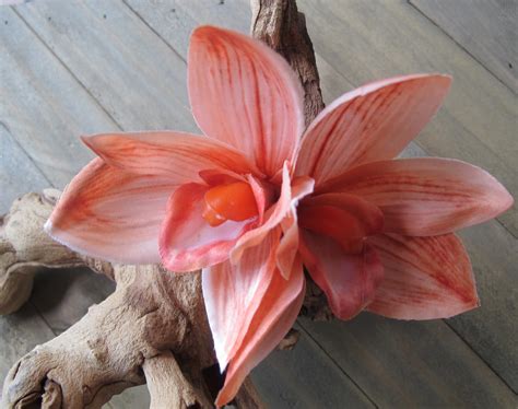 Tropical CORAL IVORY double Orchids hair flower clip | Etsy