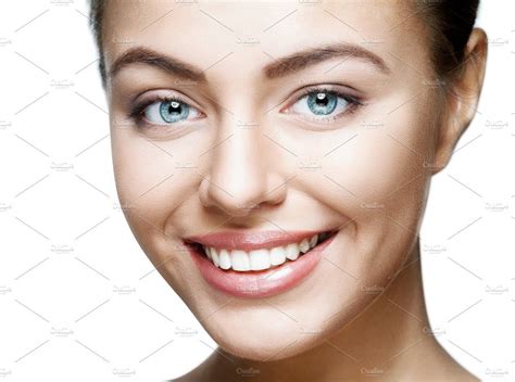 Close up portrait of beautiful young happy smiling woman stock photo ...