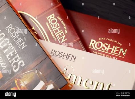KHARKOV, UKRAINE - JANUARY 11, 2021: Roshen chocolate candies boxes ...