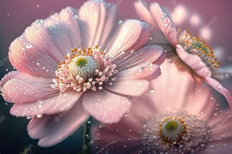Morning dew on beautiful natural flower blossoms in pastel pink created ...