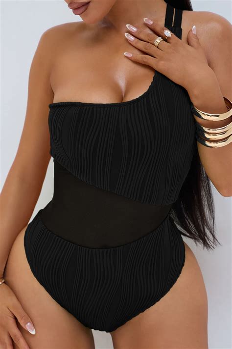Marley Textured One Shoulder Mesh Cutout 1 Piece Swimsuit - Black