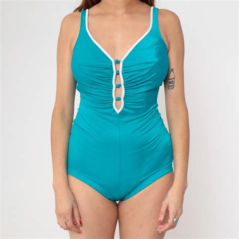 70s Turquoise Swimsuit Catalina One Piece Open Back Plunging V Neck
