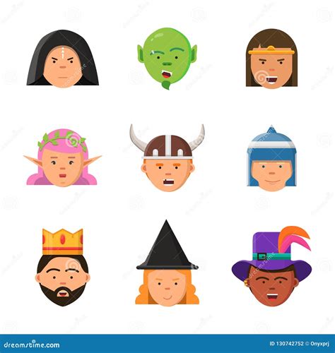 Fantasy Game Avatars. Fairy Tale Characters Elf Wizard King Warrior Goblin Princess Vector ...