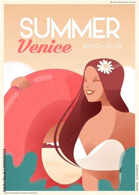 Retro Design Summer Holiday and Summer Camp poster. Girl relaxing on ...