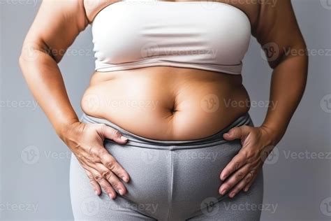 overweight woman in sportswear with mild obesity holding her stomach
