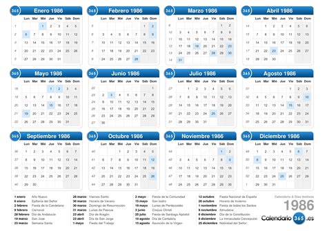 Calendario 1986