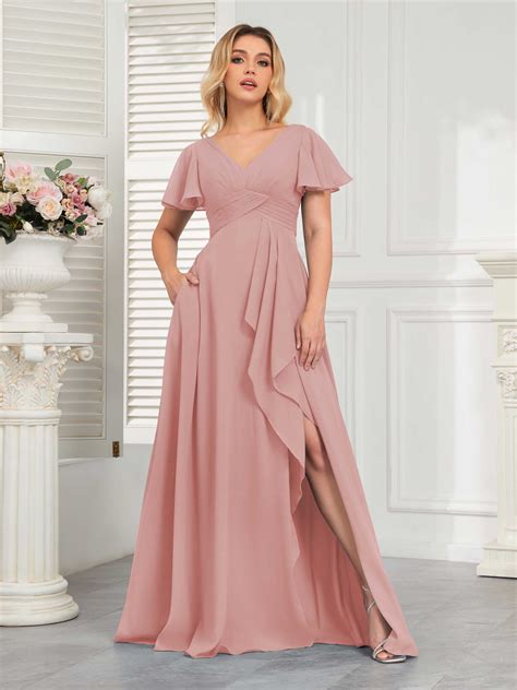 Ainsley Romantic A-Line Slit Maxi Chiffon Bridesmaid Dresses