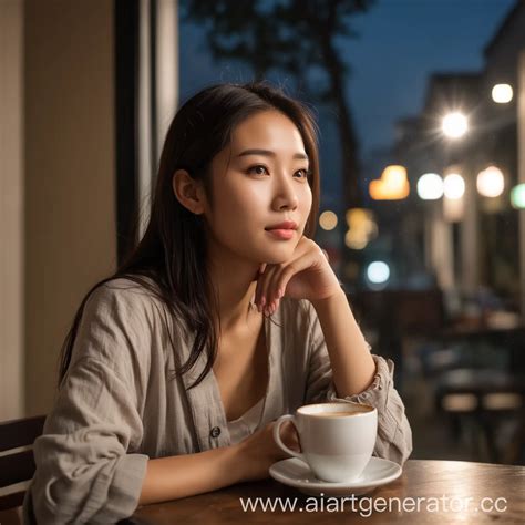 Dreamy Asian Woman in Cafe with Coffee Cup at Night | AI Art Generator