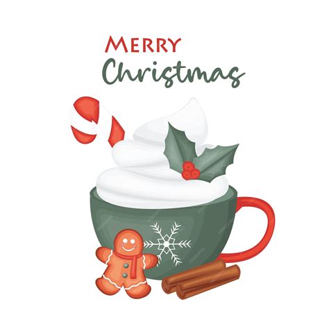 Premium Vector | Mery christmas text with hot chocolate and ginger