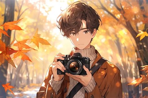 premium photo anime boy holding  camera   forest  leaves