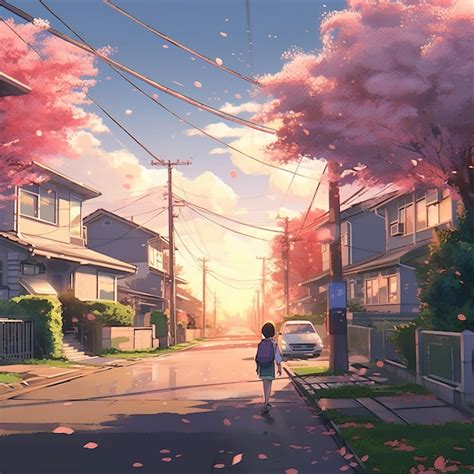 Premium AI Image | Anime person walking the street with cherry blossoms