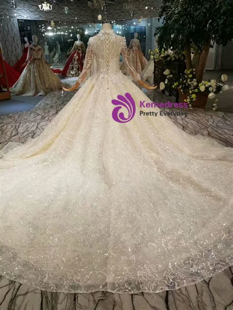 Champagne Ball Gown Lace Tulle High Neck Long Sleeve Wedding Dress With
