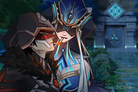 mirror maiden and fatui pyro agent (genshin impact) drawn by phnika