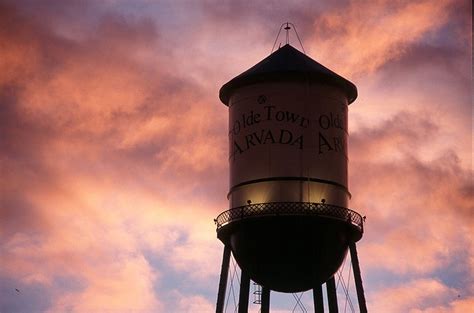 Water Tower in Olde Town Arvada at Dusk