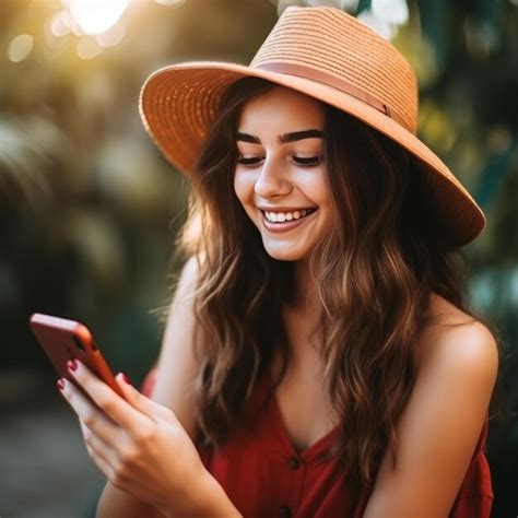 Premium AI Image | Pretty Summer Girl Smiling with a Smartphone