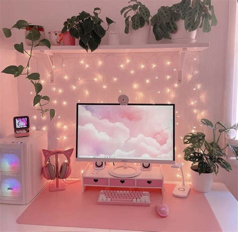 cute pink gaming setup gaming room setup gamer room pinterest