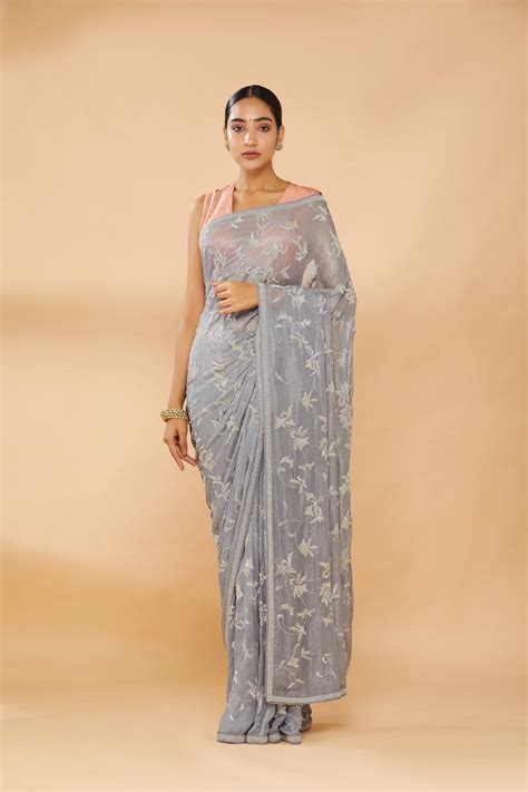 buy silver grey embroidered saree  women