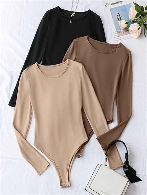 Solid Crew Neck Bodysuit 3 Pack, Casual Long Sleeve One-piece Bodysuit