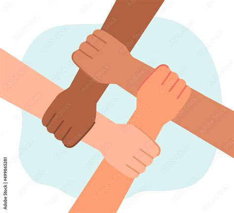 Four people of different races holding wrists. Hands of diverse persons ...