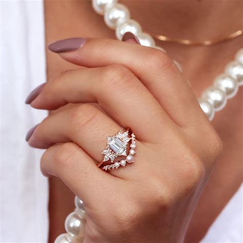 Emerald cut Diamond Engagement ring "Spark" and Pearls & Diamonds Wedd ...