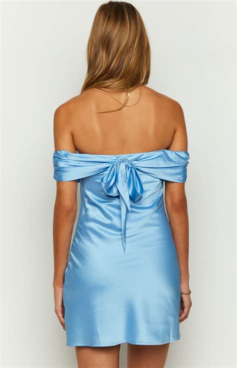 Primrose Blue Satin Off the Shoulder Mini Dress – Beginning Boutique US
