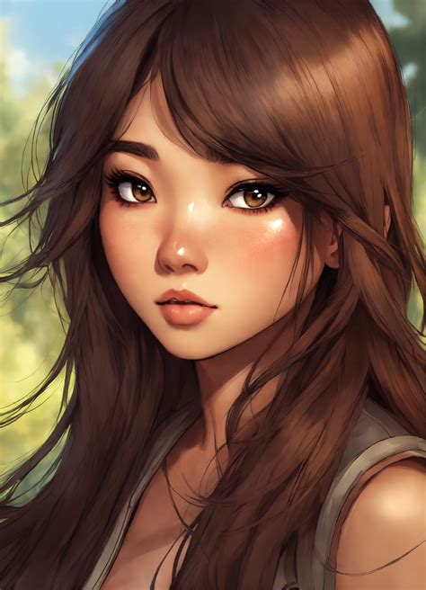 Lexica - Cute tan Asian female, long brown and black straight fluffy