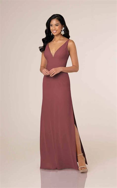 Chiffon Column Deep V-neckline Bridesmaid Gown