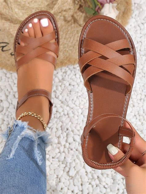 Mujer Sandalias planas con tira cruzada de talón abierto elegante verano | Moda de Mujer