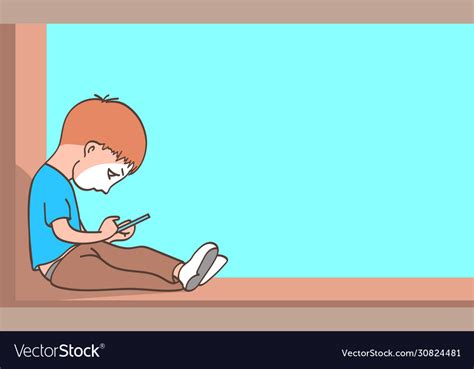 Boy is sitting alone at home with a smartphone Vector Image