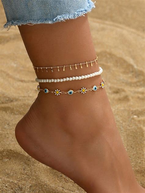 3pcs/Set Gold Anklet Evil Eye Beads Decor Simple White Round Imitation ...