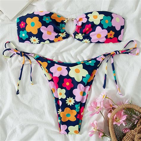 Sexy Women Floral Bikini Set 2022 Two Piece Strapless Swimsuit Lace up