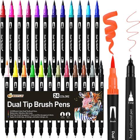 Dual Tip Brush Pens: Felt Tip Pens Set 24 Colors Colouring Pens Art