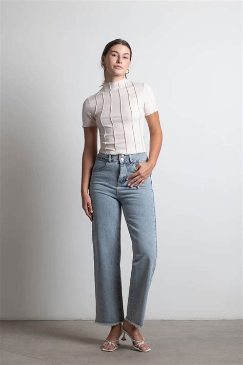 Light Pink Shirt Top - Exposed Stitch Mock Neck Top - Short Sleeve Shirt