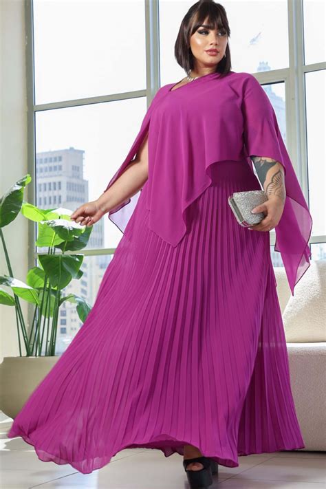 Xale Vestido De Festa - VESTIDO DE FESTA COM XALE CHIFFON PLISSADO LUNA FUCSIA